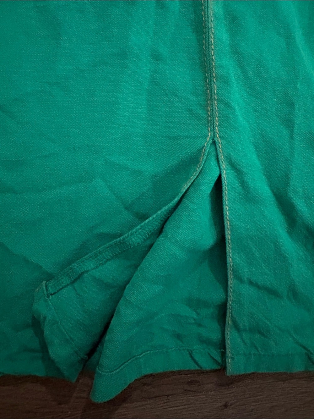 Melow Green Sleeveless A-Line Linen Blend Dress front slit pockets - Picture 7 of 12